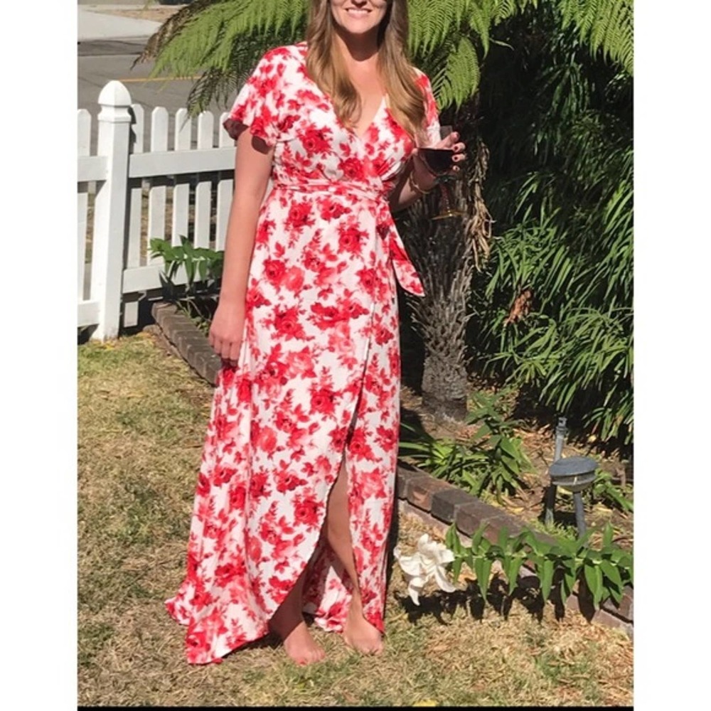 Sapphire O Red Rose Print Wrap Maxi Dress